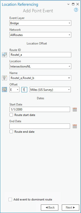 Add Point Event pane with Location Offset method