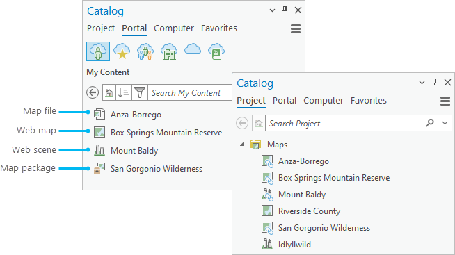 Catalog pane showing portal items on the Portal tab and corresponding maps on the Project tab