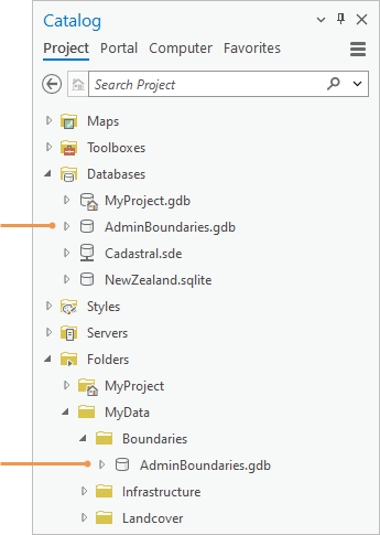 Database and folder connections expanded in the Catalog pane