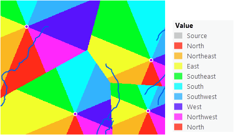 Map of straight-line direction from four ranger stations