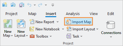 Ruban ArcGIS Pro affichant la commande Import Map (Importer une carte).