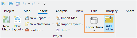 Onglet Insert (Insérer) sur le ruban montrant les boutons Connections (Connexions) et Add Folder Connection (Ajouter la connexion au dossier).