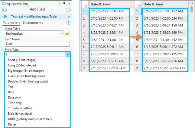 Outil de géotraitement Add Field (Ajouter un champ) en regard d’une table avec un champ de date haute précision