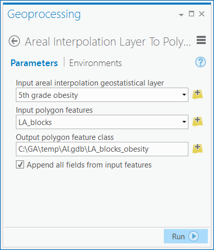 Boîte de dialogue de l’outil de géotraitement Couche d’interpolation surfacique vers polygones