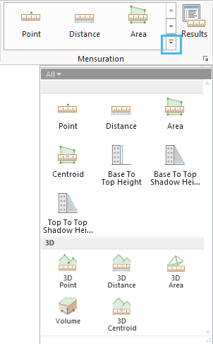 Outils de mesure disponibles dans le menu déroulant Mensuration (Mesures)