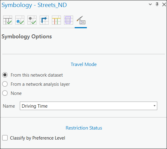 Optez pour un jeu de données réseau ou une couche d’analyse de réseau comme source du mode de déplacement et choisissez le niveau de préférence du statut de la restriction.