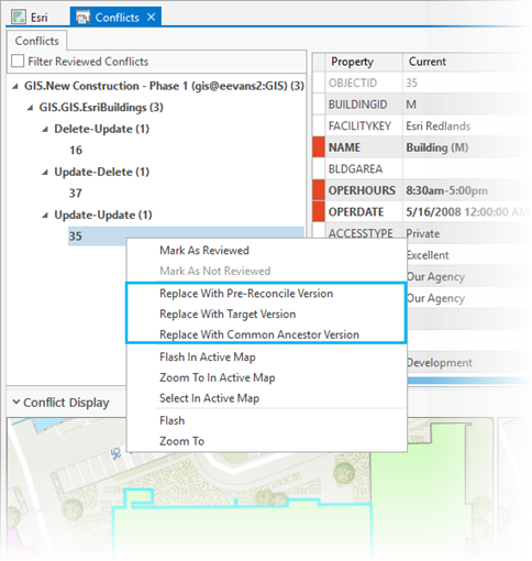 Menu contextuel Conflict (Conflit) de la version traditionnelle