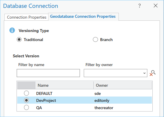 Geodatabase Connection Properties (Propriétés de connexion de géodatabase) pour le versionnement traditionnel