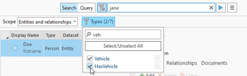 La barre d’outils Advanced Options (Options avancées) indique le nombre de types d’entité et de relation sélectionnés.