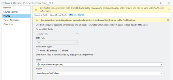 Boîte de dialogue Network Dataset Properties (Propriétés du jeu de données réseau) pour Routing_ND affichant les paramètres TMC Live Traffic (Trafic réel TMC)