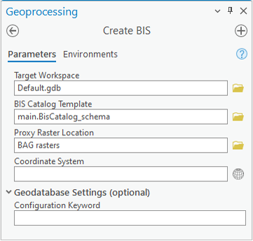 The Create BIS tool Parameters tab