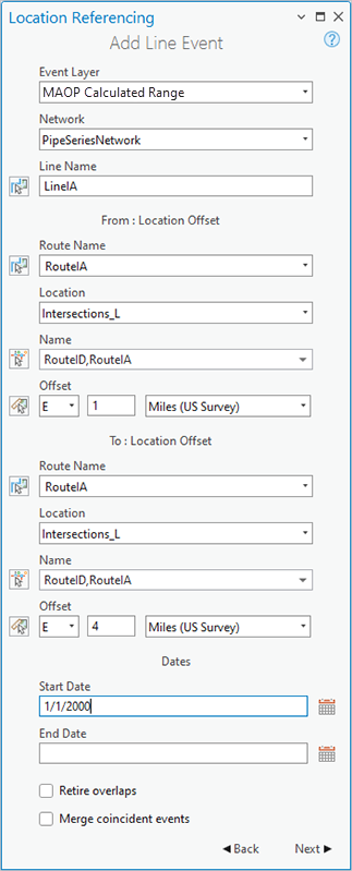 Sections Location Offset (Décalage de la localisation) dans la fenêtre Add Line Event (Ajouter un événement linéaire)