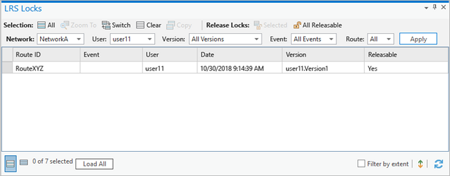 Table LRS Locks (Verrous LRS) après application du filtre