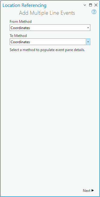 Méthode Coordinates (Coordonnées) sélectionnée dans la fenêtre Add Multiple Line Events (Ajouter plusieurs événements linéaires)