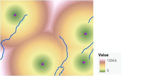 Carte montrant la distance en ligne droite à partir de quatre points