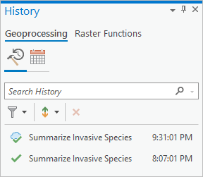 Fenêtre History (Historique) avec des entrées d’outil de géotraitement