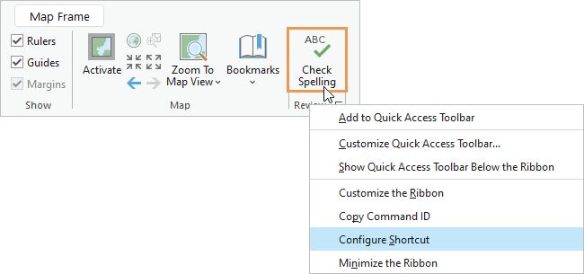 Menu contextuel pour une commande de ruban avec Configure Shortcut (Configurer un raccourci) en surbrillance