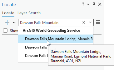 Fenêtre Locate (Localiser) affichant des suggestions pour Dawson Falls Mountain Lodge