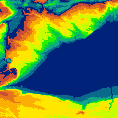 Espace entre les isolignes rempli avec la valeur d’altitude quantifiée et affiché avec un dégradé de couleurs