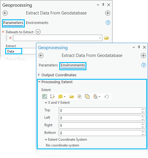 Lorsque l’étendue est définie sur Data (Données) pour l’outil Extract Data From Geodatabase (Extraire des données d’une géodatabase), les étendues de traitement sous Environments (Environnements) sont appliquées.