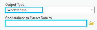 Dans l’outil Extract Data From Geodatabase (Extraire des données d’une géodatabase), l’option Output Type (Type en sortie) est définie sur Geodatabase (Géodatabase).