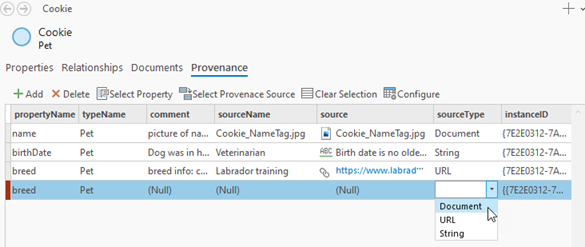 Cliquez sur le type d’informations concernant la source qui est associé à cet enregistrement de provenance dans cette propriété.