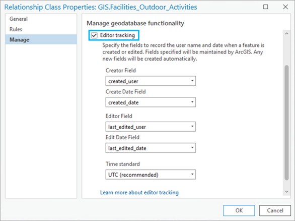 L’onglet Editor Tracking (Suivi de l’éditeur) est accessible à partir de la boîte de dialogue Relationship Class Properties (Propriétés de la classe de relations).