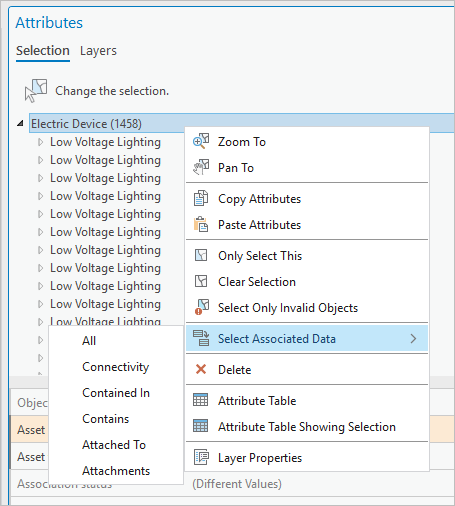 La commande Select Associated Data (Sélectionner les données associées) affiche les types d’association valides pour la couche.