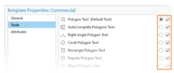 Onglet latéral Tools (Outils) des propriétés des modèles