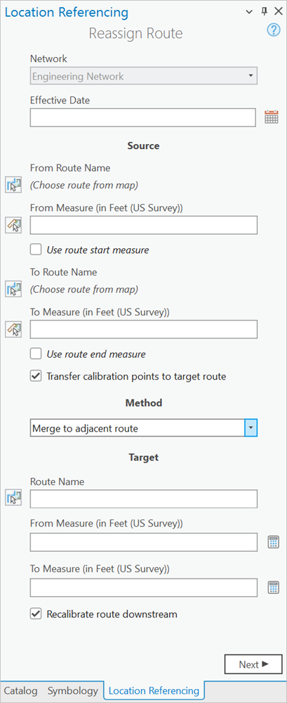 Fenêtre Reassign Route (Réaffecter l’itinéraire) avec méthode Merge to adjacent route (Fusionner avec l’itinéraire adjacent) spécifiée