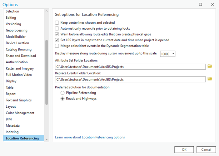 Options de l’onglet Location Referencing (Référencement d’emplacement) de la boîte de dialogue Options