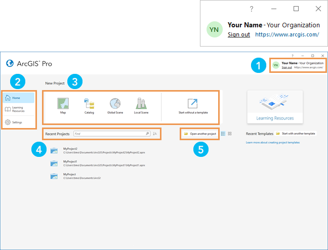 Page de démarrage d’ArcGIS Pro avec rappels numérotés