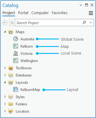 Projet ArcGIS Pro contenant des cartes importées, un globe, une scène et une mise en page