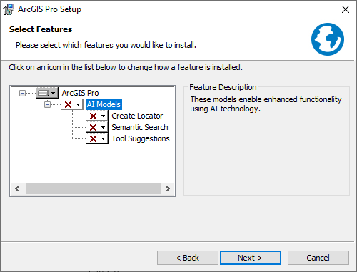 Fenêtre Select Features (Sélectionner des entités) avec AI Models (Modèles d’IA) à l’état désactivé par défaut