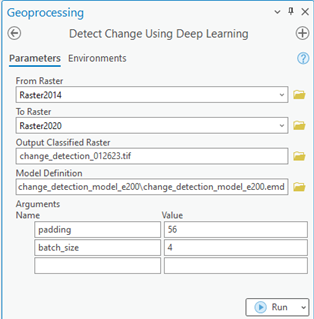 Paramètres de l’outil Détecter les changements à l’aide d’algorithmes de Deep Learning