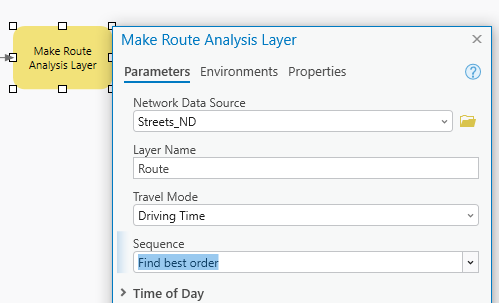 Paramètres de la boîte de dialogue de l’outil Créer une couche d’analyse d’itinéraires avec le paramètre Séquence défini sur Trouver le meilleur ordre