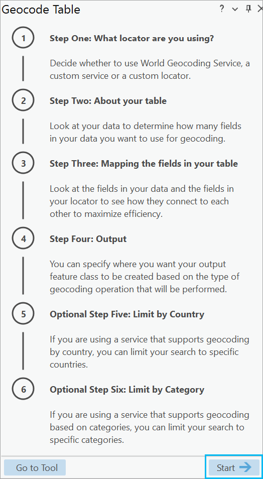 Fenêtre Geocode Table (Géocoder une table)