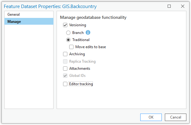 Onglet Manage (Gérer) dans la boîte de dialogue Feature Dataset Properties (Propriétés du jeu de classes d’entités)