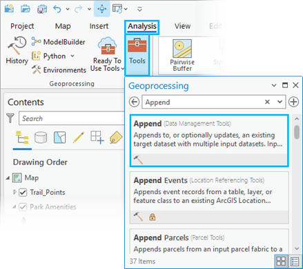 Outil Ajouter dans l’onglet Analysis (Analyse), Tools (Outils) et Geoprocessing (Géotraitement)