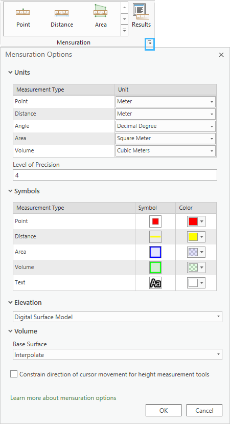 Boîte de dialogue Mensuration Options (Options de mesure)