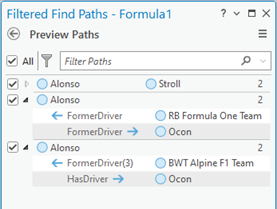 Les chemins identifiés par la configuration actuelle sont répertoriés dans la fenêtre Filtered Find Paths (Recherche de chemins filtrée).