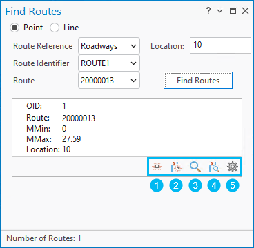 Fenêtre Find Routes (Rechercher des itinéraires) affichant une sélection d’un jeu de données de type m et d’un enregistrement d’itinéraire renvoyé.