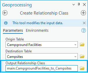 Paramètre Output Relationship Class (Classe de relations en sortie) renseigné