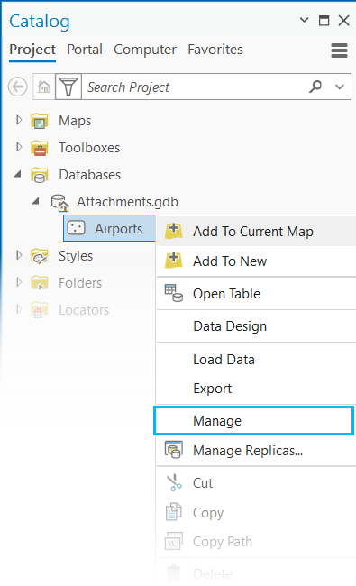 Manage (Gérer) dans le menu contextuel