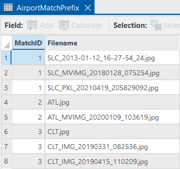 Résultats de la table d’appariement avec le filtre *.jpg et Modèle d’appariement défini sur Préfixe