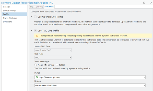 Boîte de dialogue Network Dataset Properties (Propriétés du jeu de données réseau) pour main.Routing_ND affichant les paramètres Use TMC Live Traffic (Utiliser le trafic en temps réel TMC)