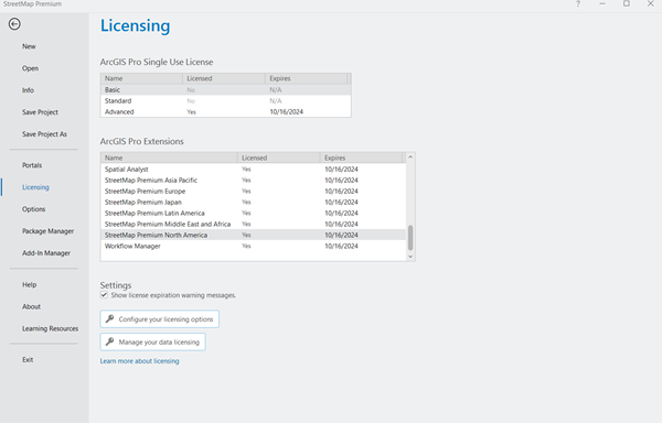 Fenêtre Licensing (Licences) illustrant la liste d’extensions ArcGIS Pro pour StreetMap Premium