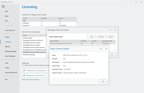 Fenêtre Manage Data Licenses (Gérer les licences de données) illustrant le fichier de licence StreetMap Premium (*.sdlic)