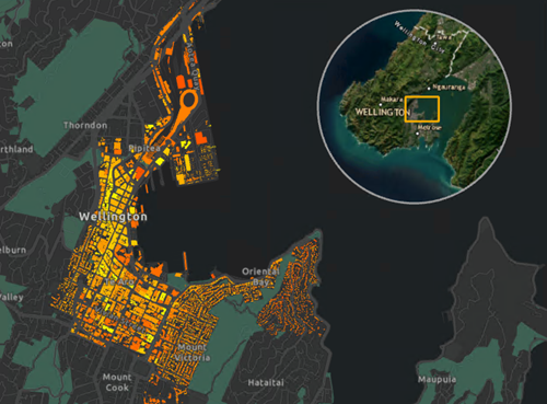 Mise en page montrant une vue détaillée d’un quartier de Wellington et une fenêtre cartographique générale de plus petite échelle comportant un indicateur d’étendue rectangulaire destiné à localiser l’étendue de la carte du quartier