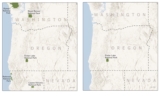 Images côte à côte de la même page de la série de cartes de l’Oregon qui compare une image dans laquelle les parcs nationaux dans l’étendue de la carte sont affichés avec une image dans laquelle seuls les parcs nationaux de l’Oregon apparaissent